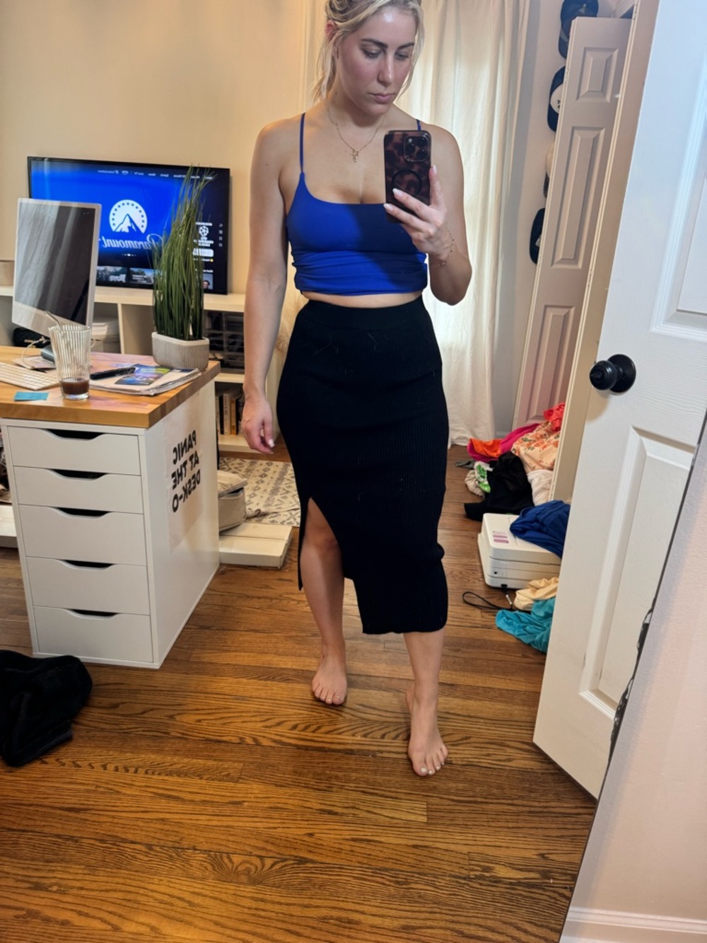 Midi Ribbed Pencil Skirt with Side Slit - Black